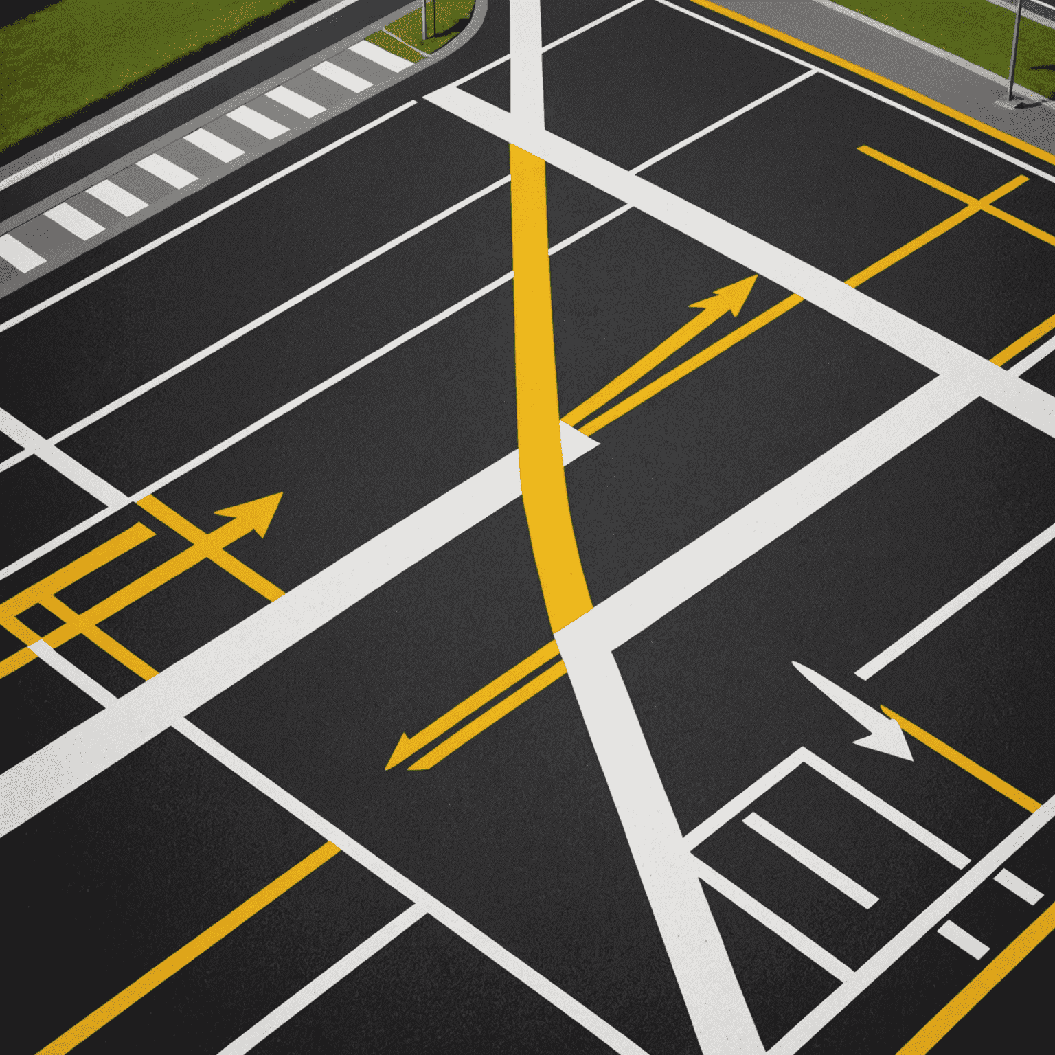 Illustration of various UAE road markings including white and yellow lines, arrows, and pedestrian crossings on a black asphalt background