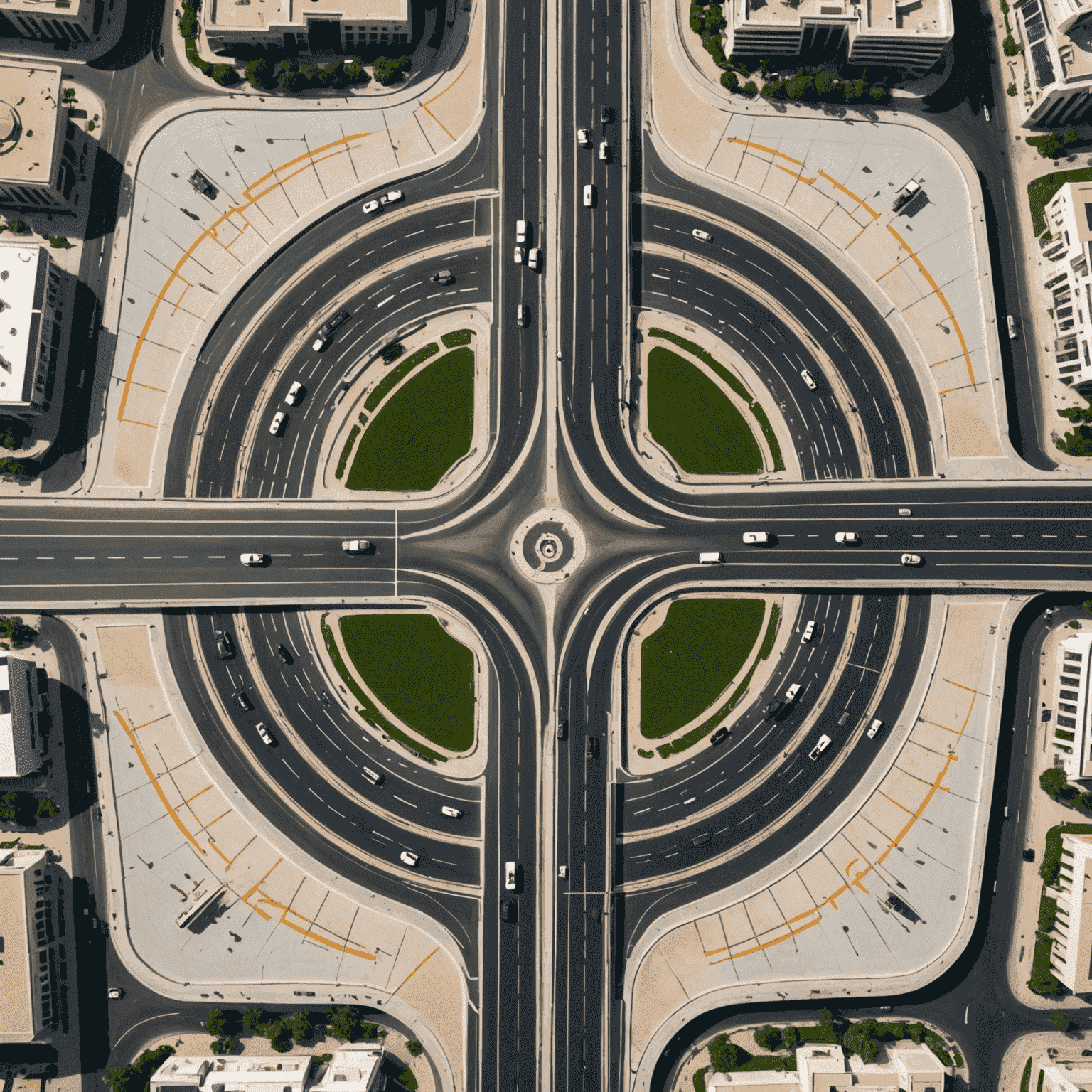 Aerial view of a complex UAE road intersection with clear road markings, showcasing multiple lanes, roundabouts, and pedestrian crossings