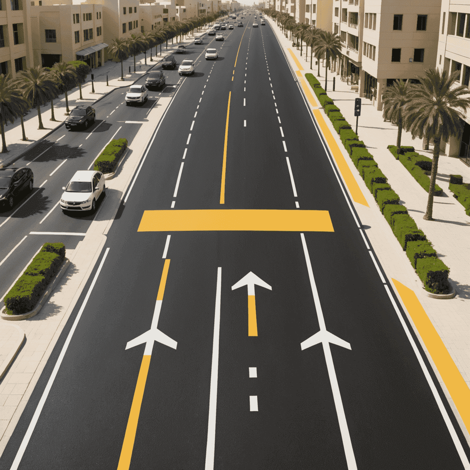 Illustration of various UAE road markings including white and yellow lines, arrows, and pedestrian crossings on a typical UAE road