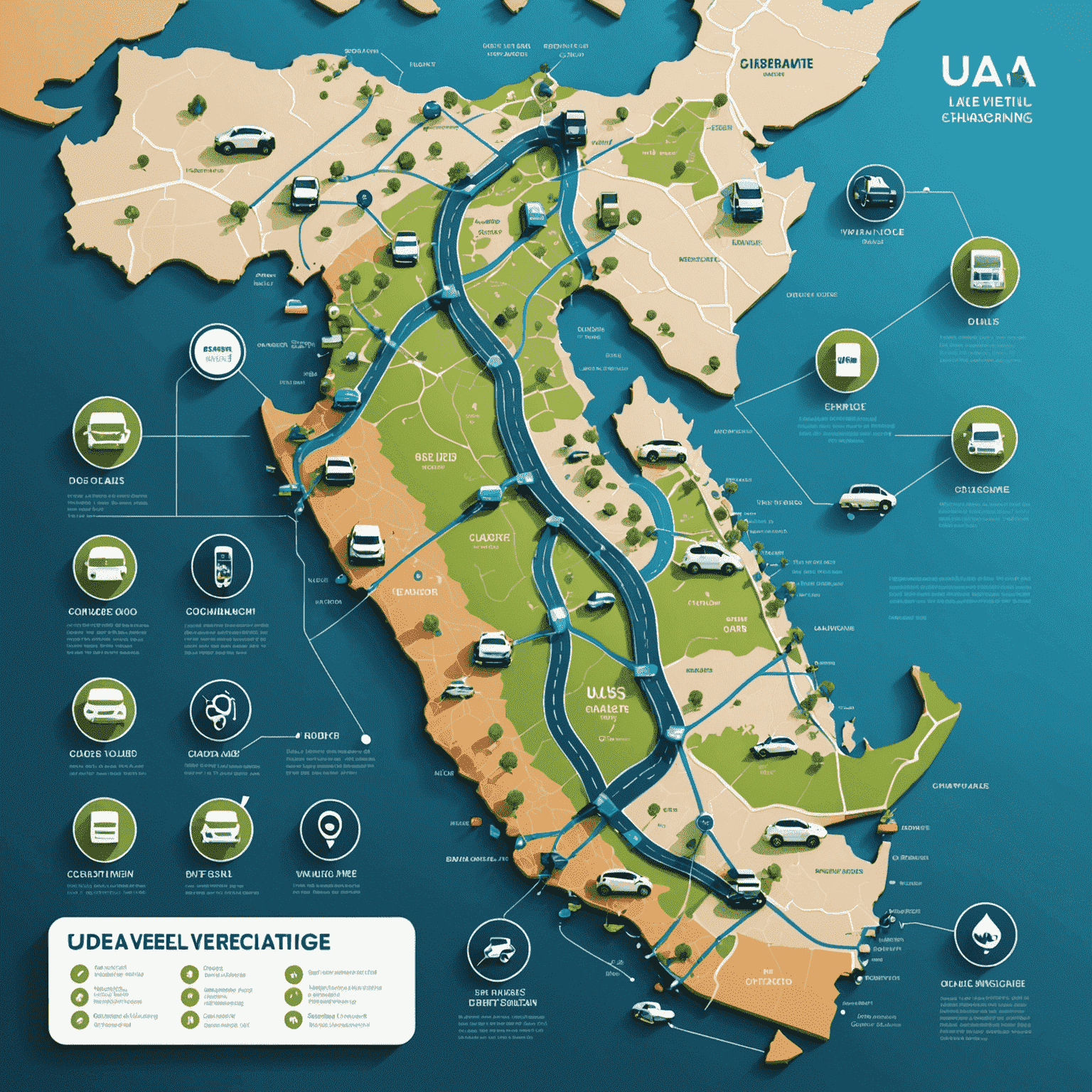 Map of the UAE showing electric vehicle charging stations across major cities and highways. The map includes icons for different types of chargers and highlights popular routes for EV drivers.