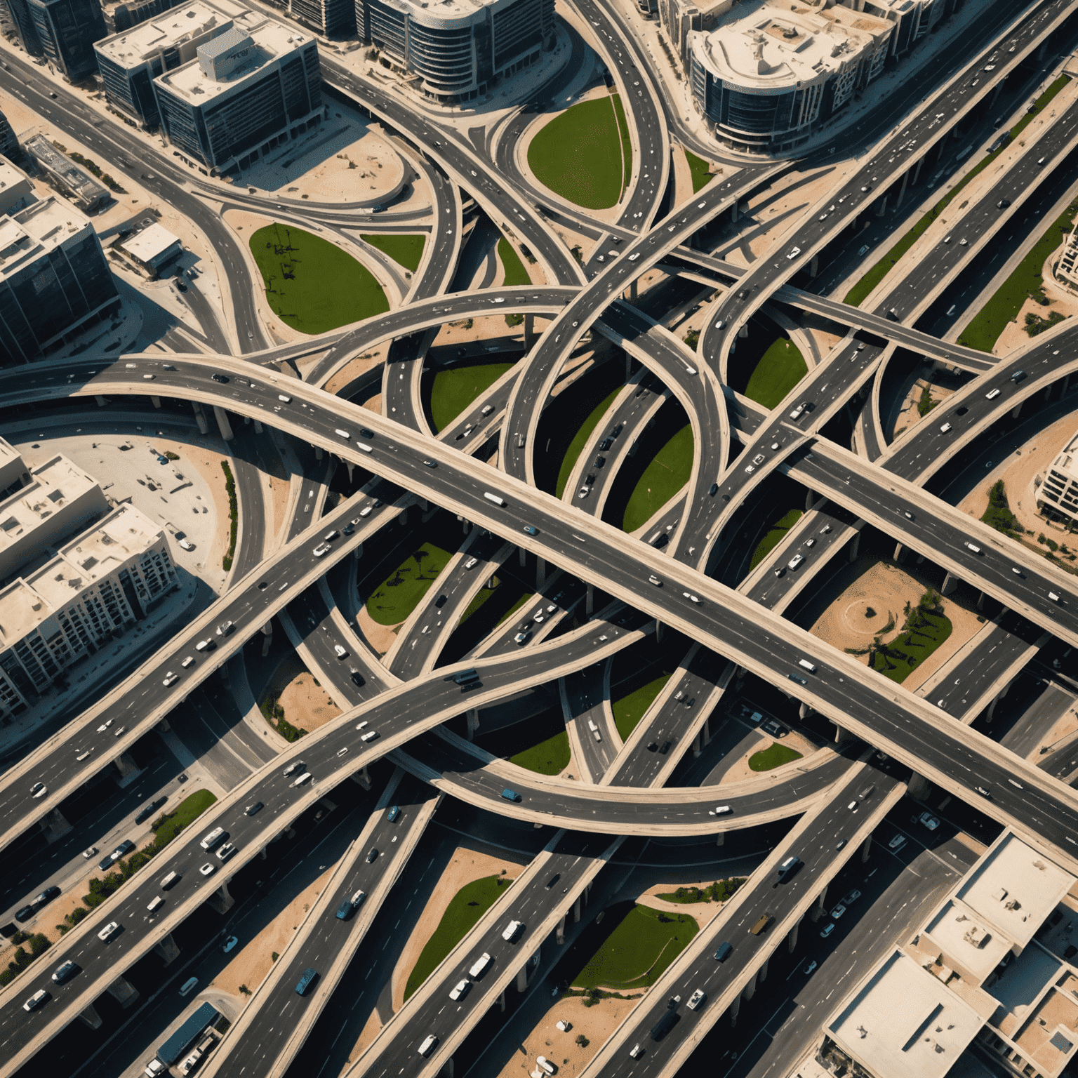 Aerial view of an innovative traffic junction in Dubai, featuring multiple levels, flyovers, and smart traffic management systems