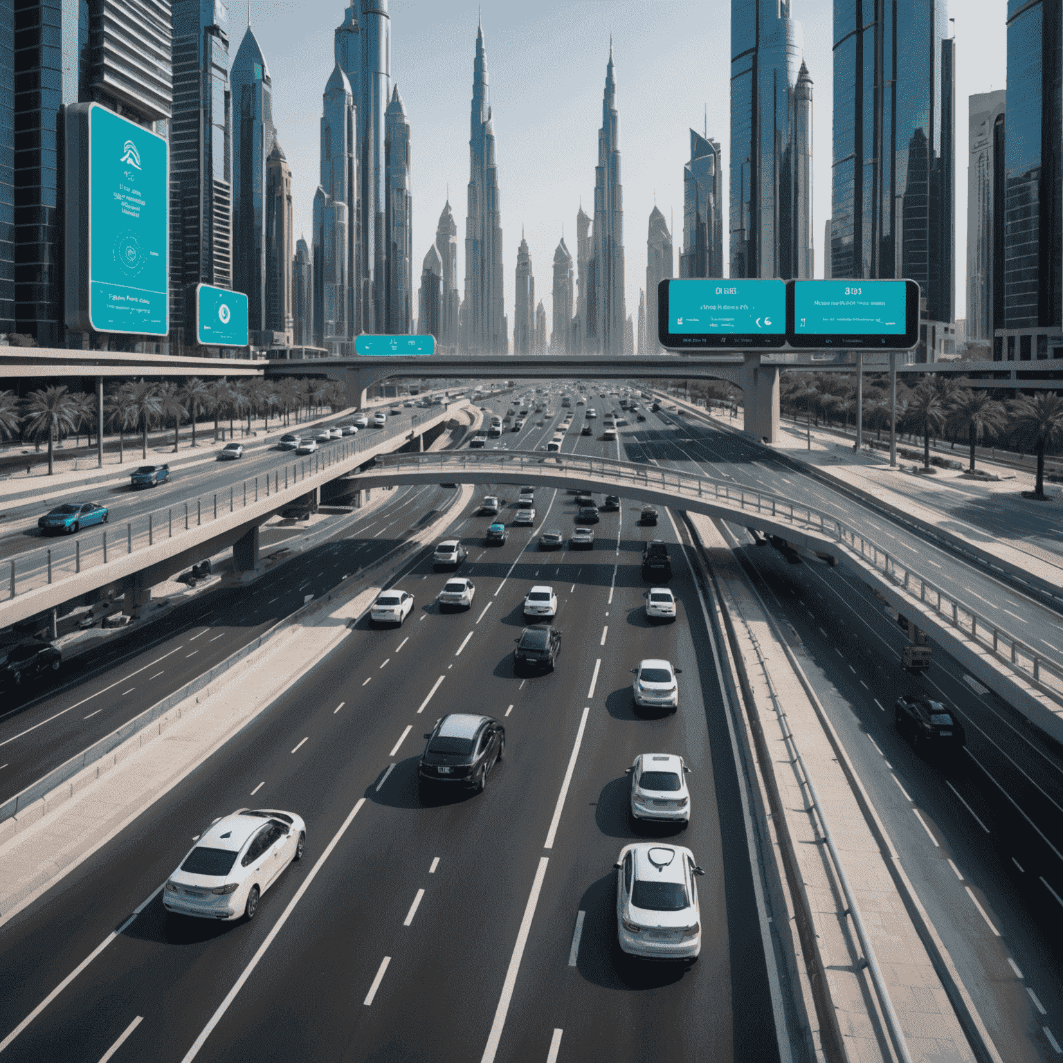 Futuristic smart traffic management system in Dubai with holographic displays and autonomous vehicles