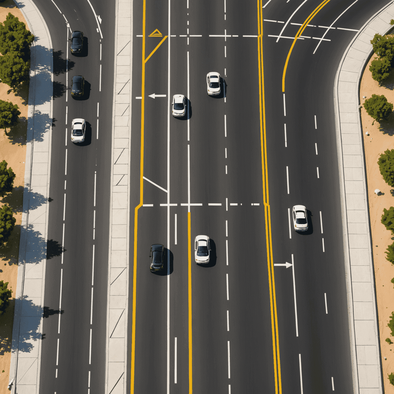 Diagram showing different types of lane markings used in UAE roads, including solid white, broken white, and yellow lines