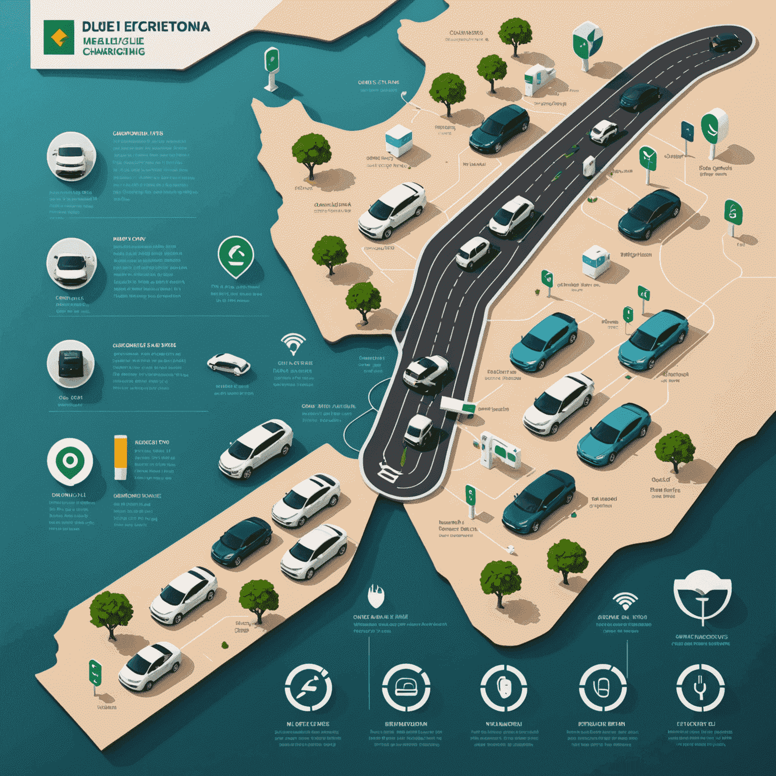 Map of UAE showing various electric vehicle charging stations with icons representing different charger types