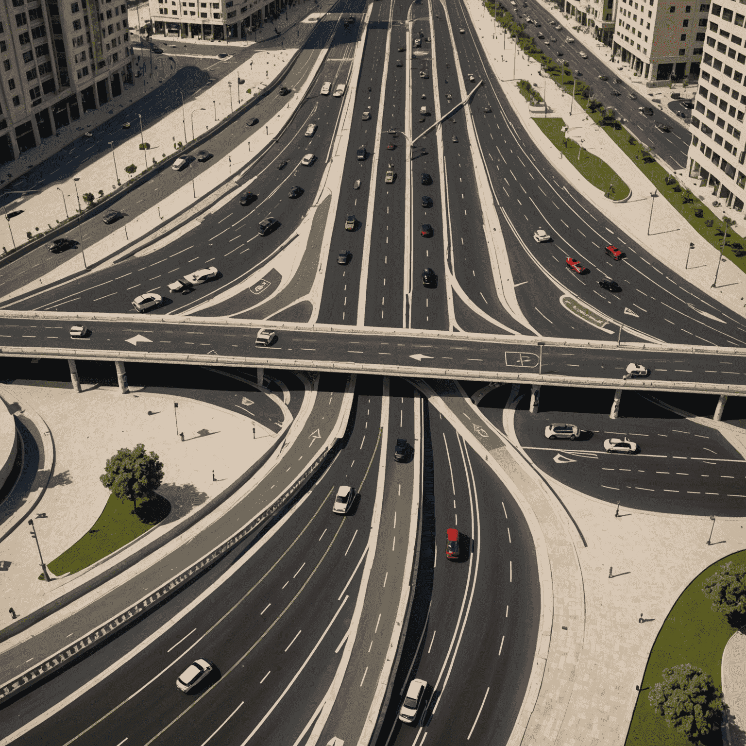 3D render of a complex UAE intersection with various road markings and signals