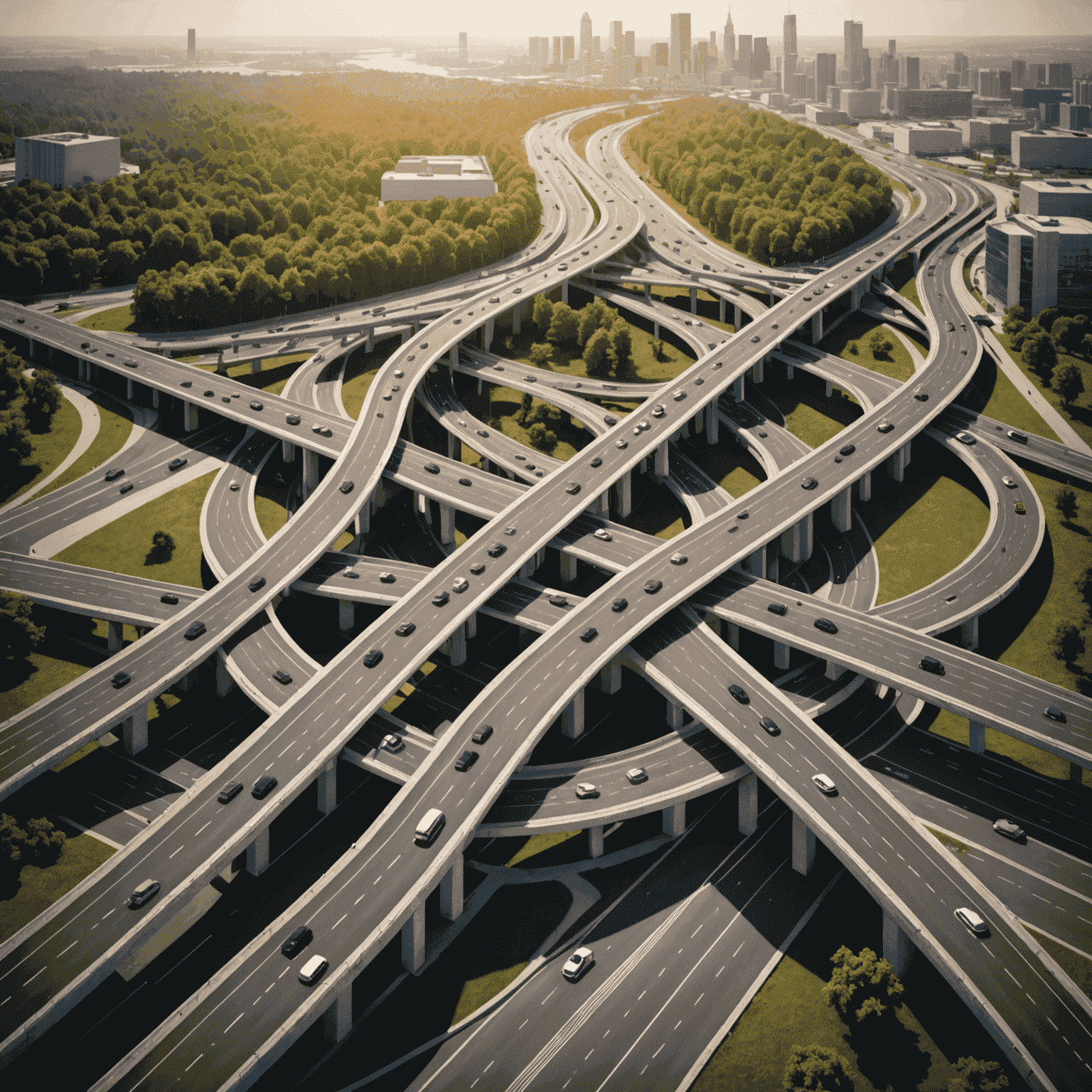 3D rendering of a multi-level interchange with dedicated lanes for different directions and smart signaling system