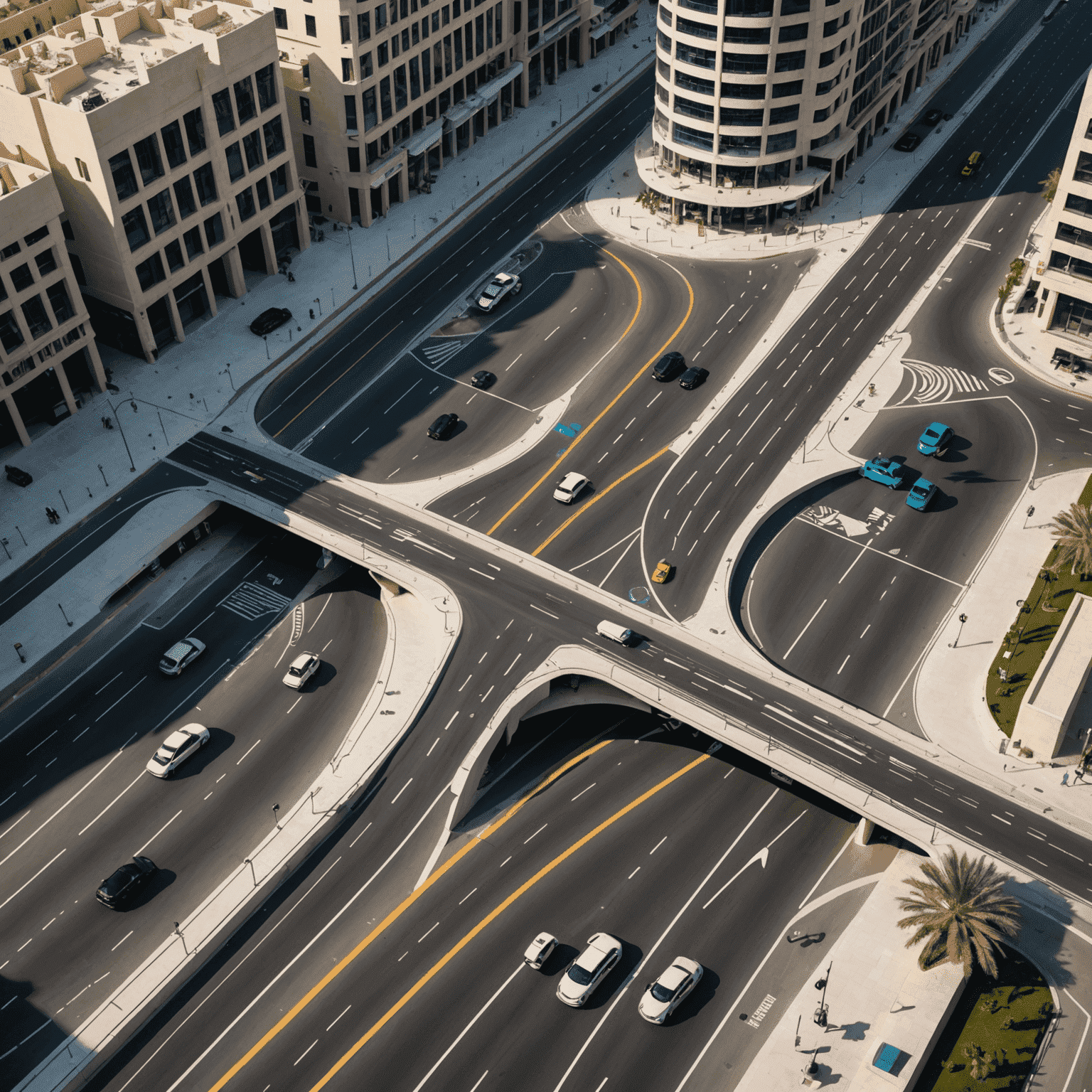 Bird's eye view of a smart intersection in Abu Dhabi with dynamic lane markings and integrated sensors