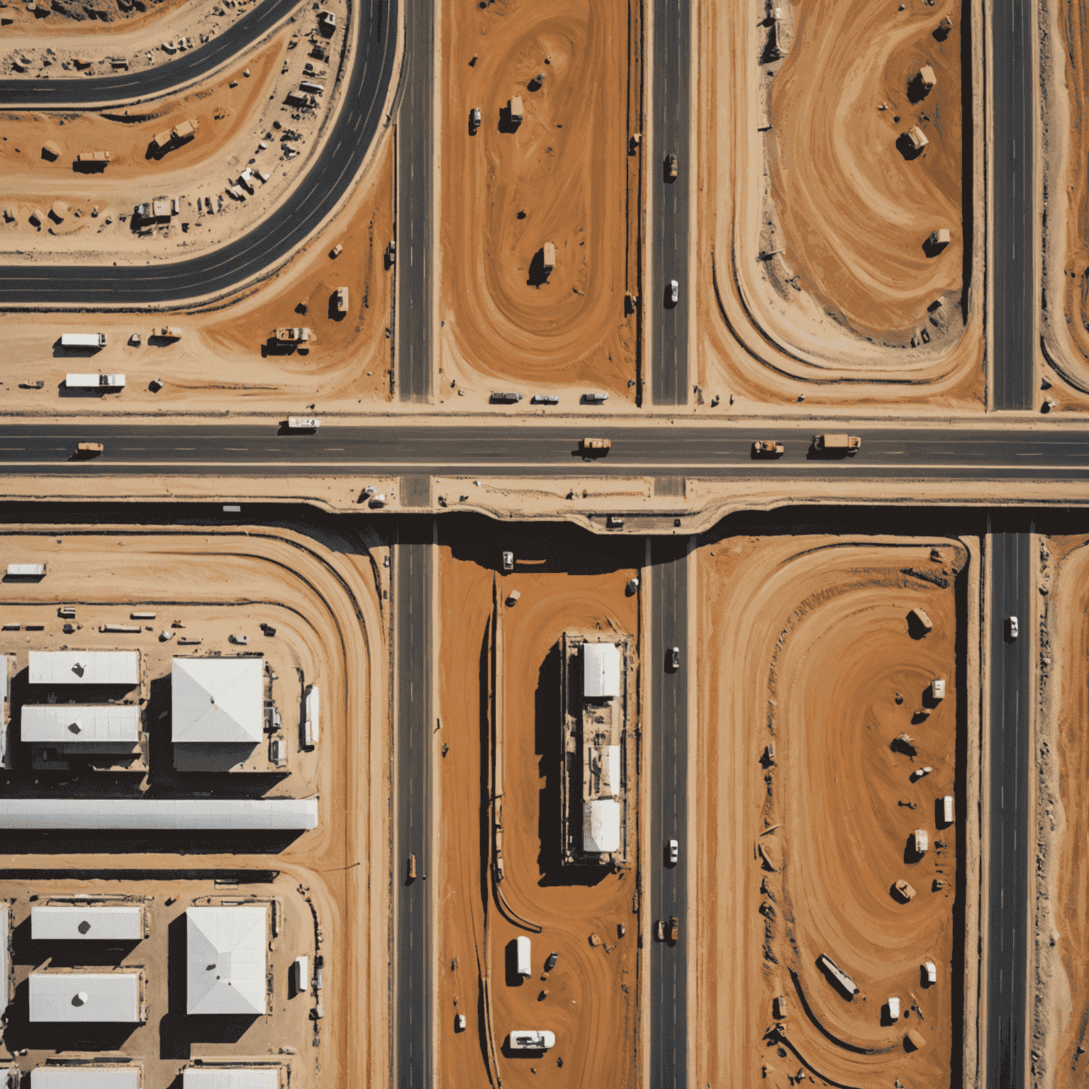 Aerial view of a UAE road construction site with machinery, workers, and partially completed new road sections alongside existing roads