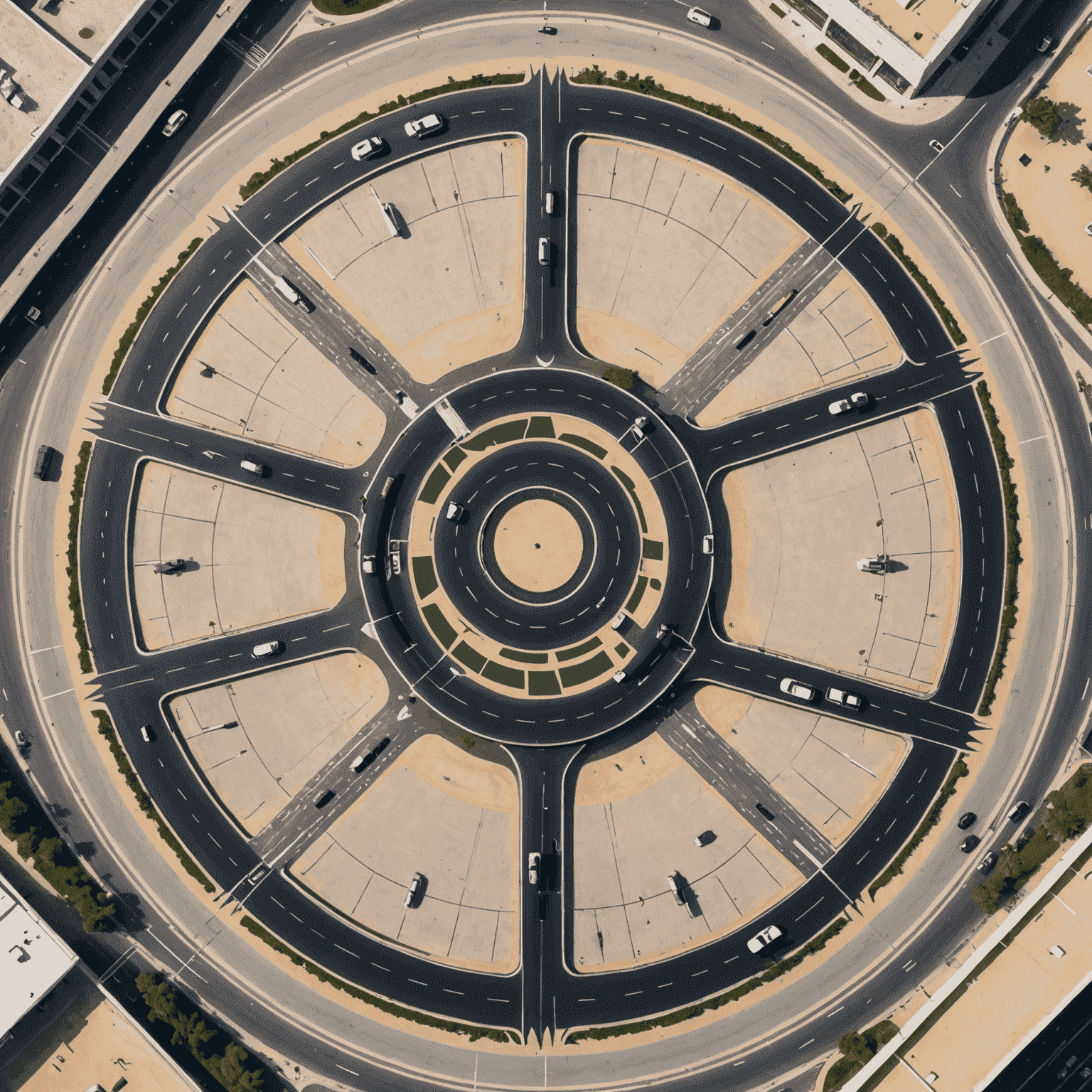 Overhead view of a UAE roundabout with clear lane markings and directional arrows, showing proper lane usage for different exits