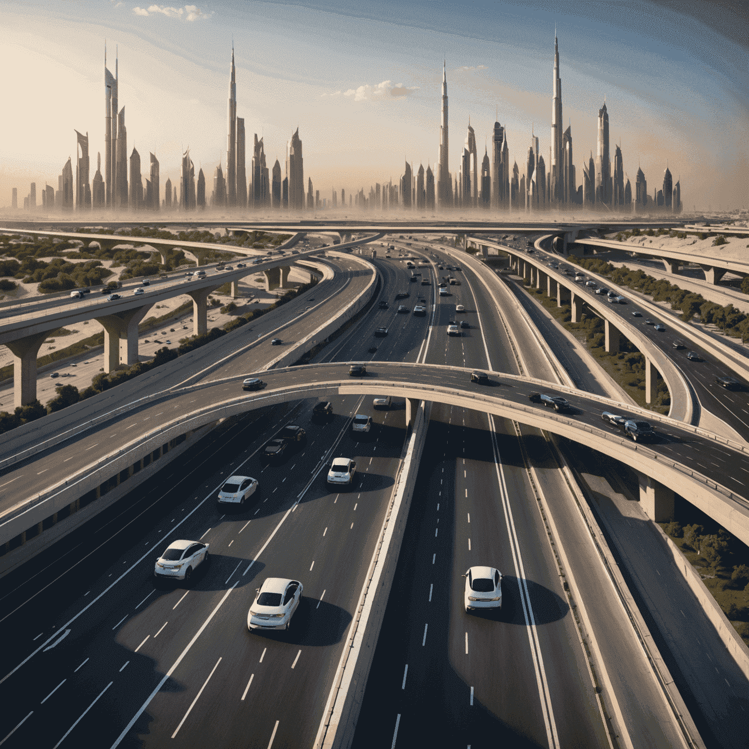 Futuristic render of an expanded UAE highway with smart traffic systems and electric vehicle lanes