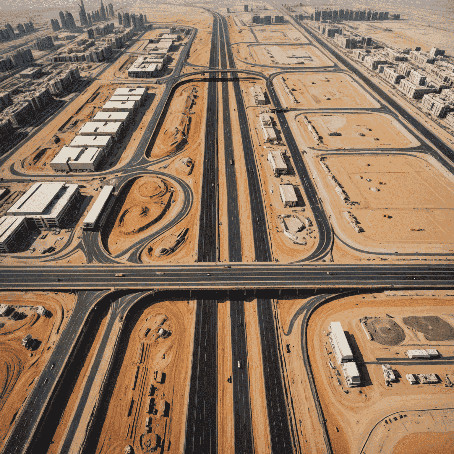 Aerial view of a UAE road construction site with new roads being added to existing infrastructure