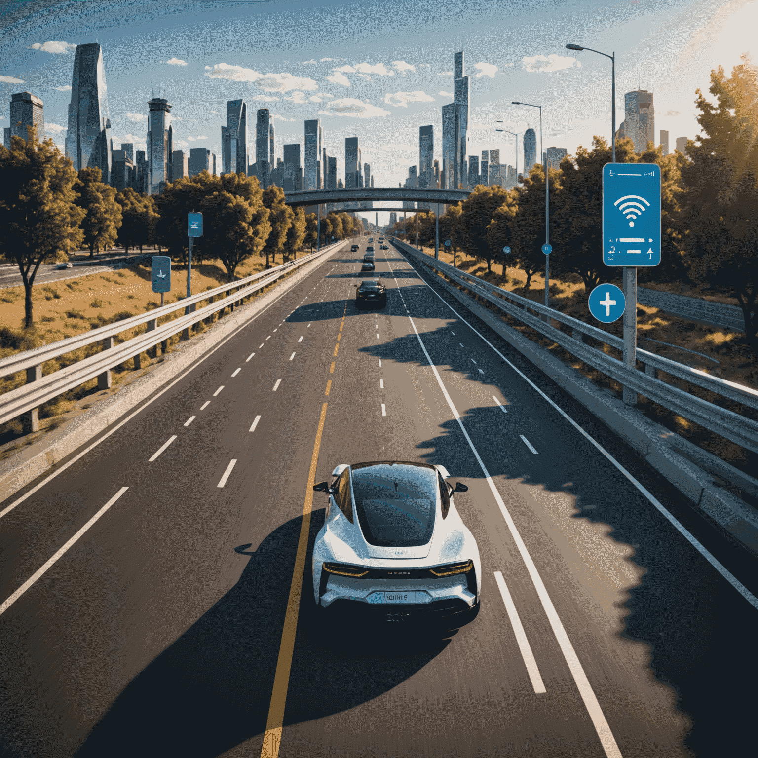 Futuristic highway lane with wireless EV charging capability while driving