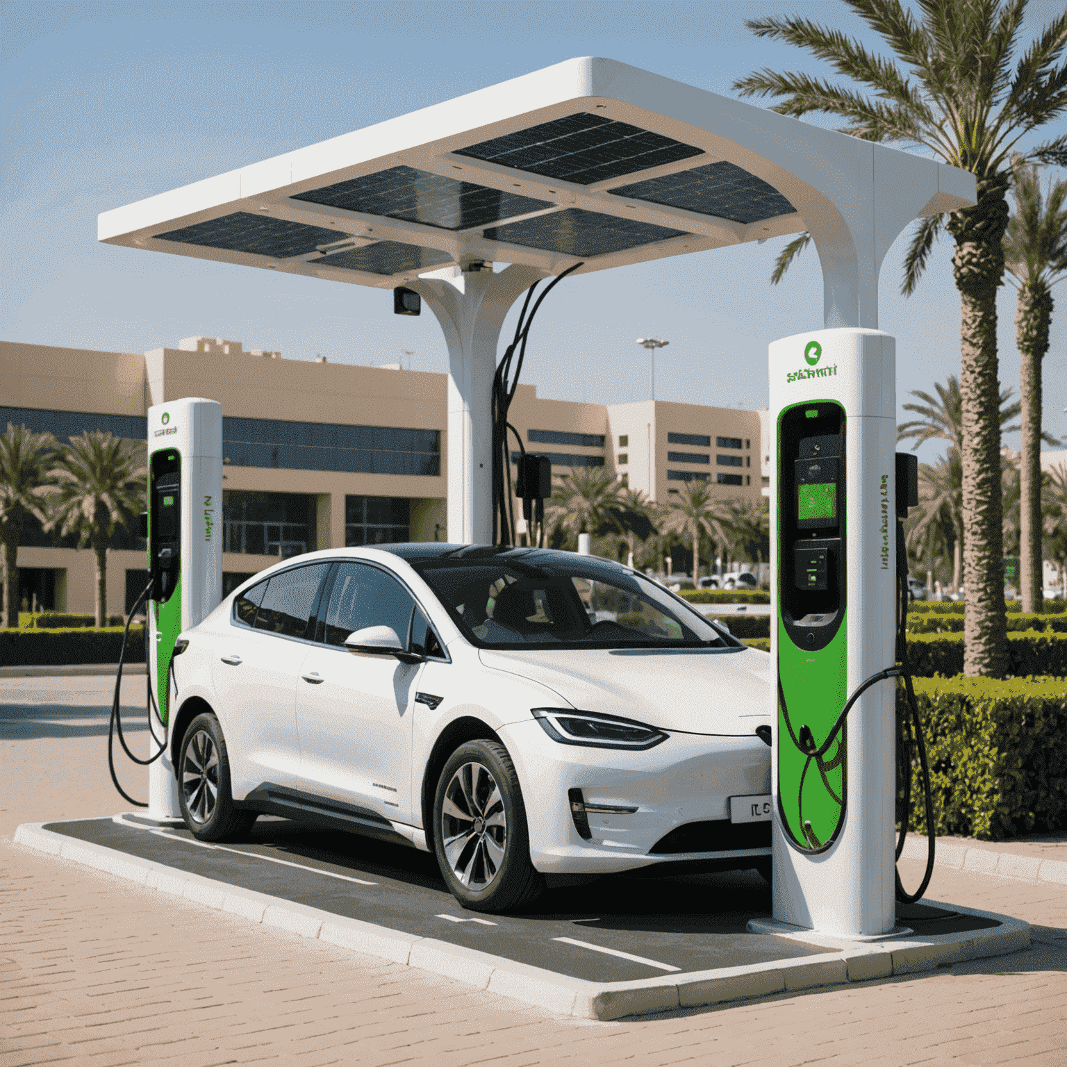 Modern electric vehicle charging station in Dubai with solar panels and multiple charging points