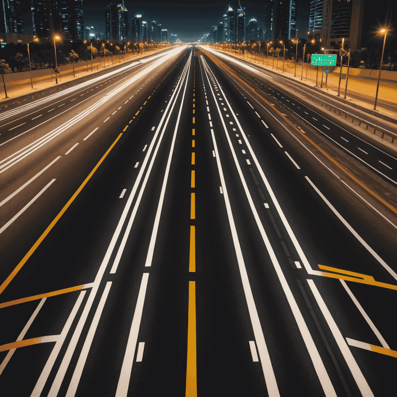 Night view of a UAE road with glowing lane markings and a 3D crosswalk, showcasing innovative road marking technologies