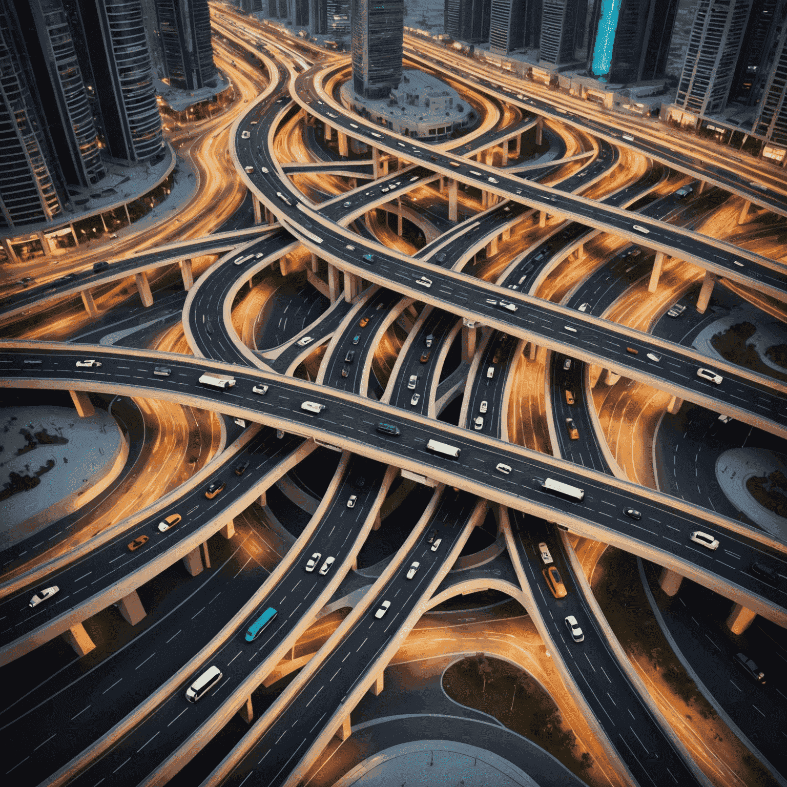 3D render of a futuristic multi-level junction in UAE with flowing traffic and smart signaling systems