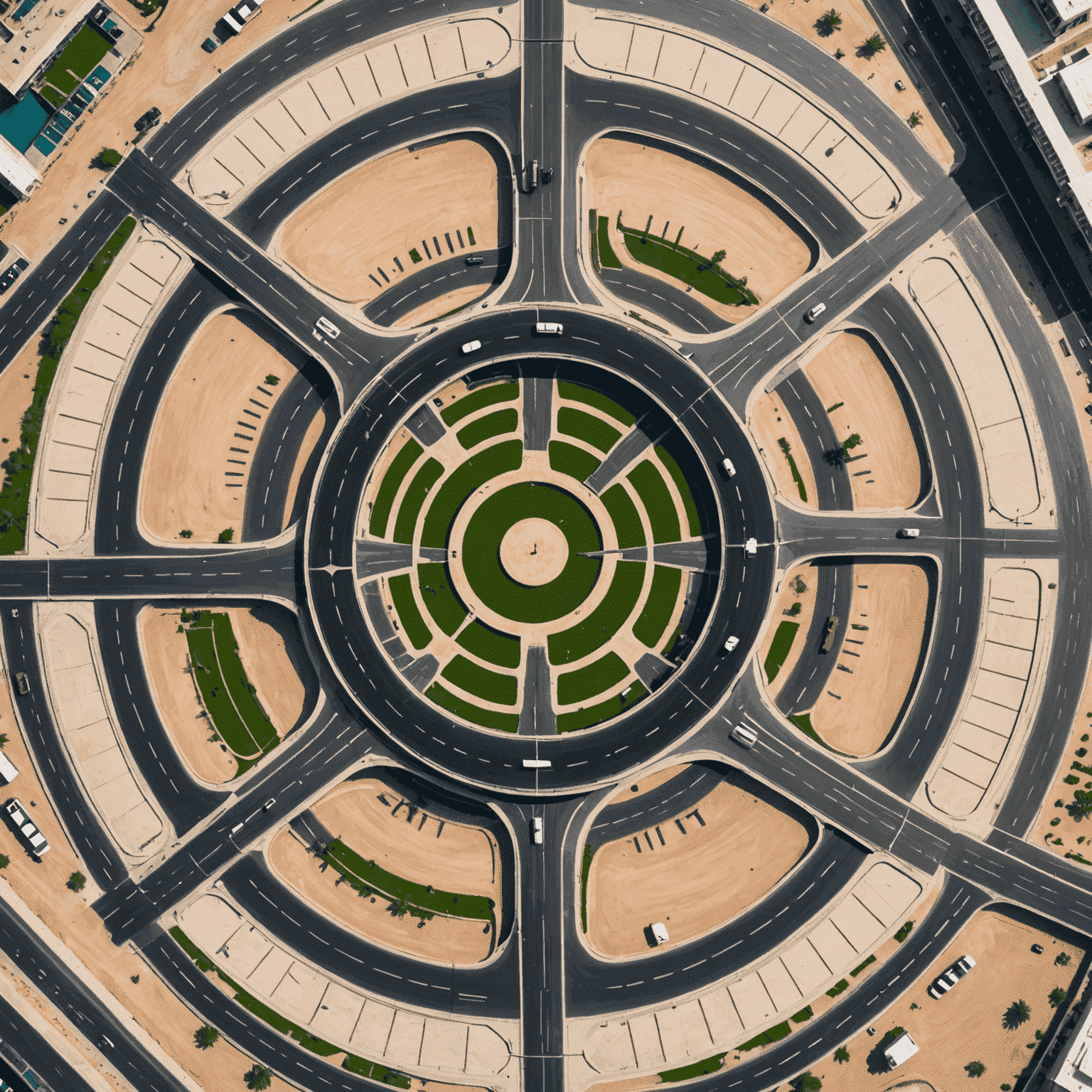 Aerial view of a UAE roundabout with proper lane usage illustrated