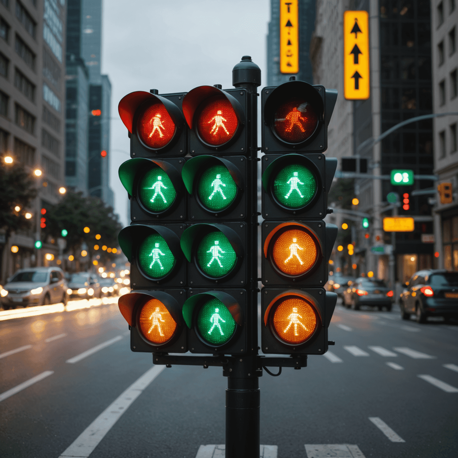 Close-up view of smart traffic lights with LED displays and sensors for adaptive traffic management