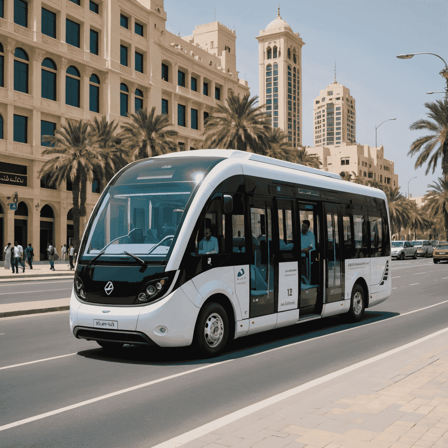 Autonomous electric shuttle operating in a dedicated lane in Sharjah with passengers boarding