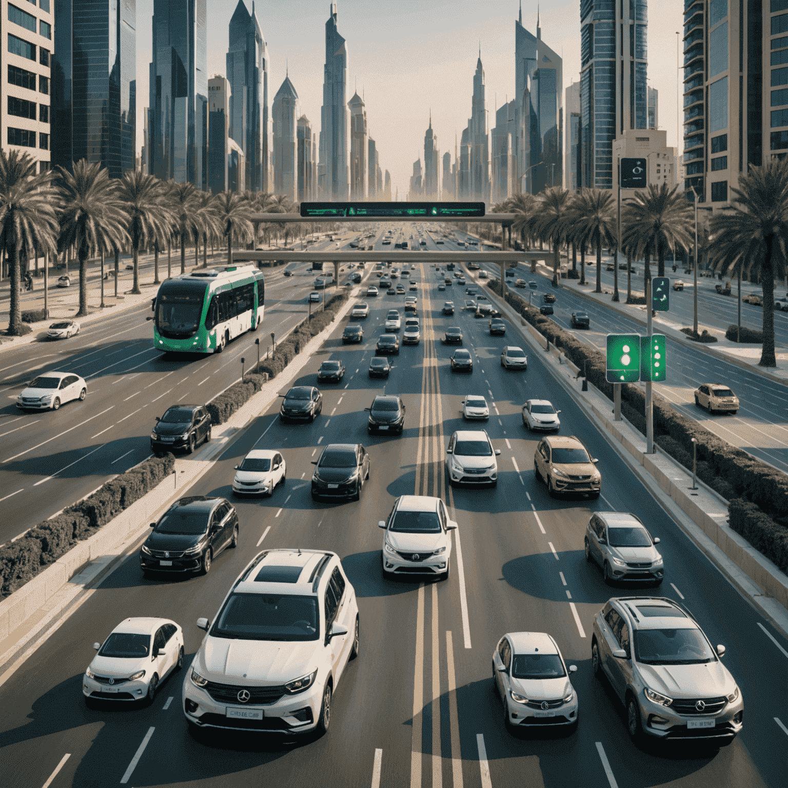 Collage of smart transportation solutions including autonomous vehicles, smart traffic lights, and real-time traffic management systems in a UAE city setting