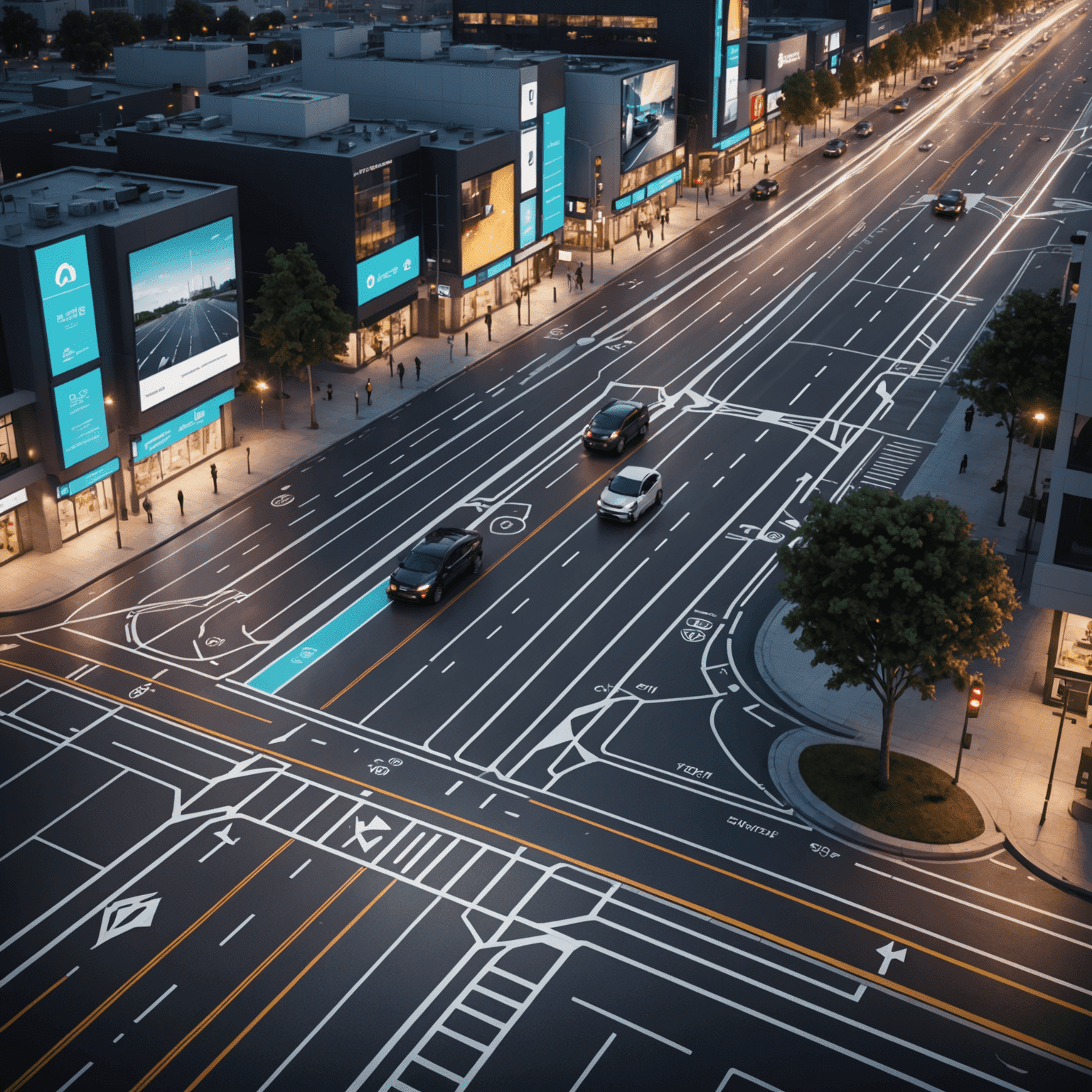 Futuristic visualization of a smart junction with integrated IoT sensors, digital signage, and autonomous vehicle lanes