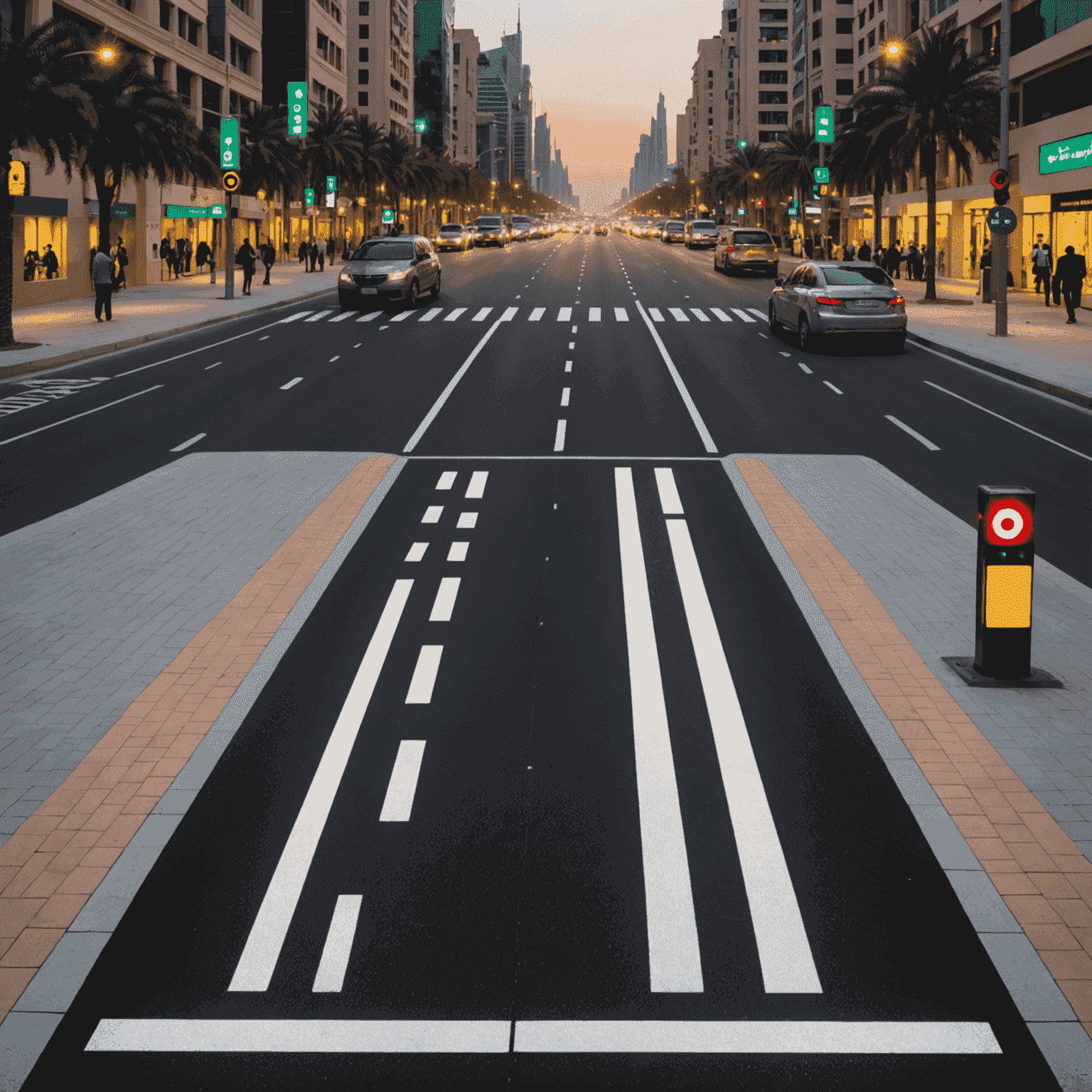 Smart pedestrian crossing in Dubai with LED lights embedded in the road surface and responsive traffic signals