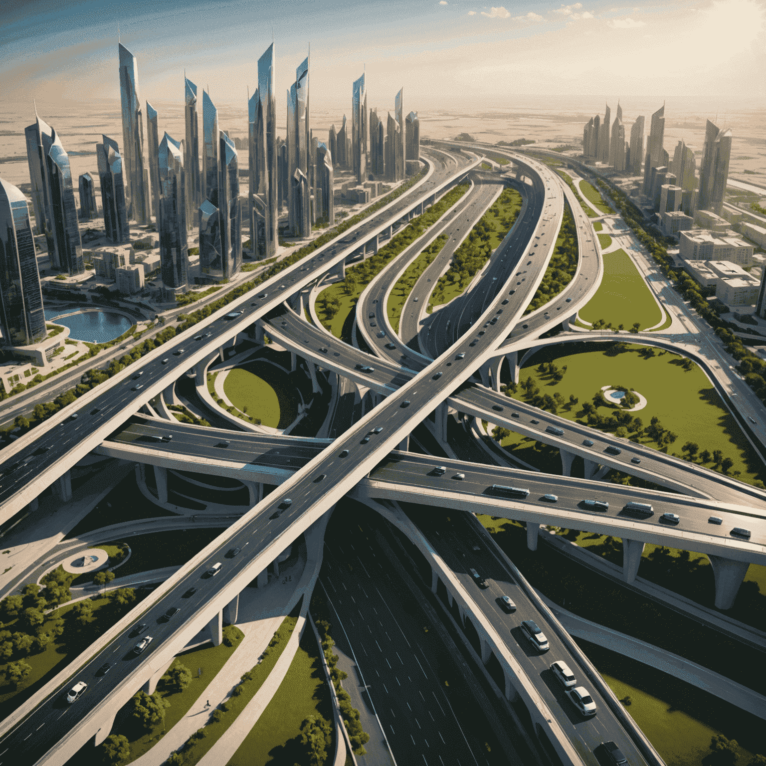 3D rendering of a futuristic elevated highway system in Abu Dhabi with integrated solar panels and green spaces